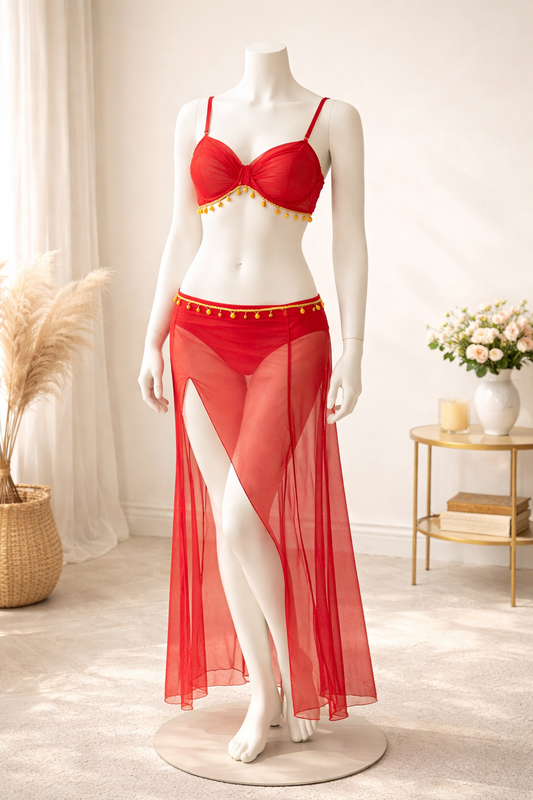 بدلة رقص شرقي 3 قطع – أحمر شيفون (برا + اندر + جيب/تنورة شفافة) | فري سايز لحد 75 ك