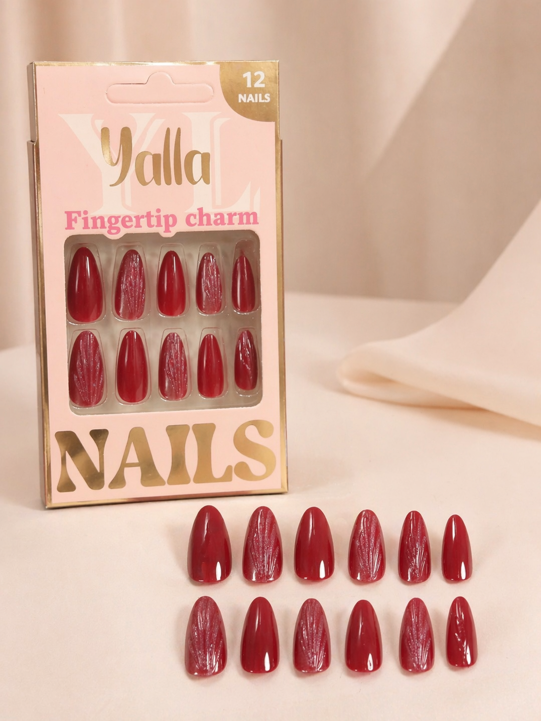 أظافر تركيب Yalla Fingertip Charm – أحمر غامق بتصميم لامع 12 قطعة