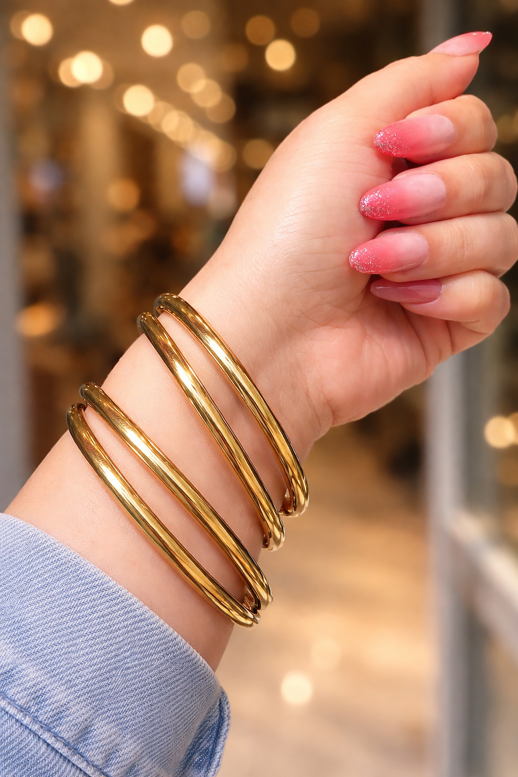 طقم أساور ستيل ذهبي سادة 5 قطع – Bangles Plain (لمعة فخمة)