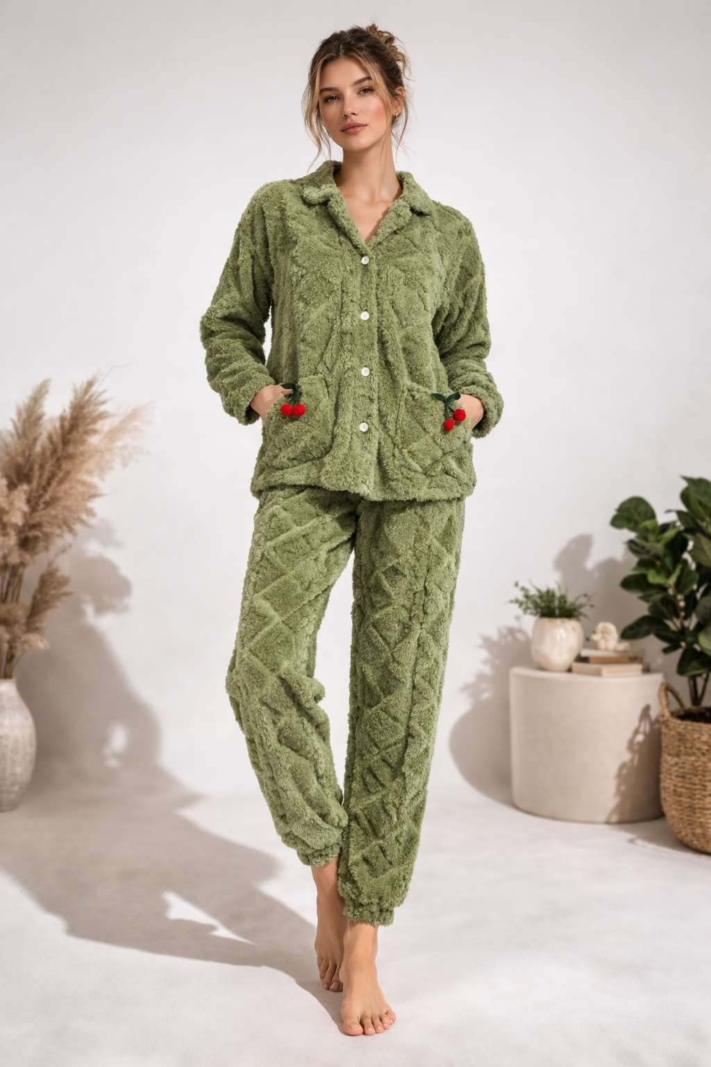 طقم بيجامة شتوي فرو سوفت (جاكيت + بنطلون) – جيوب كرز كيوت | لون زيتي