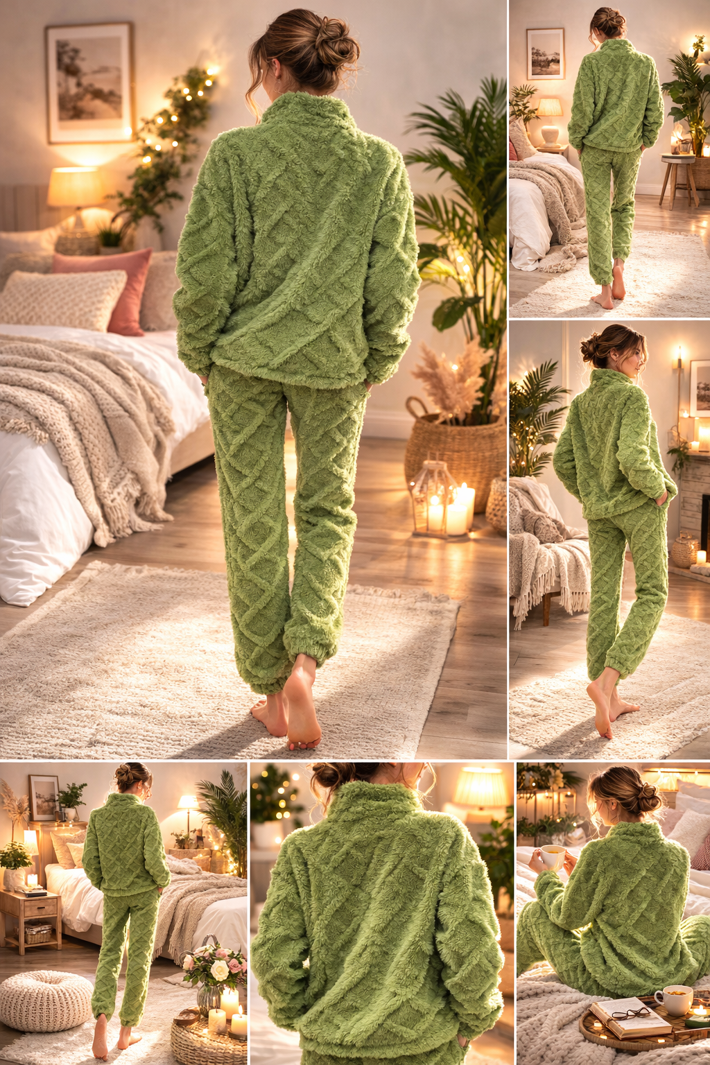 طقم بيجامة شتوي فرو سوفت (جاكيت + بنطلون) – جيوب كرز كيوت | لون زيتي