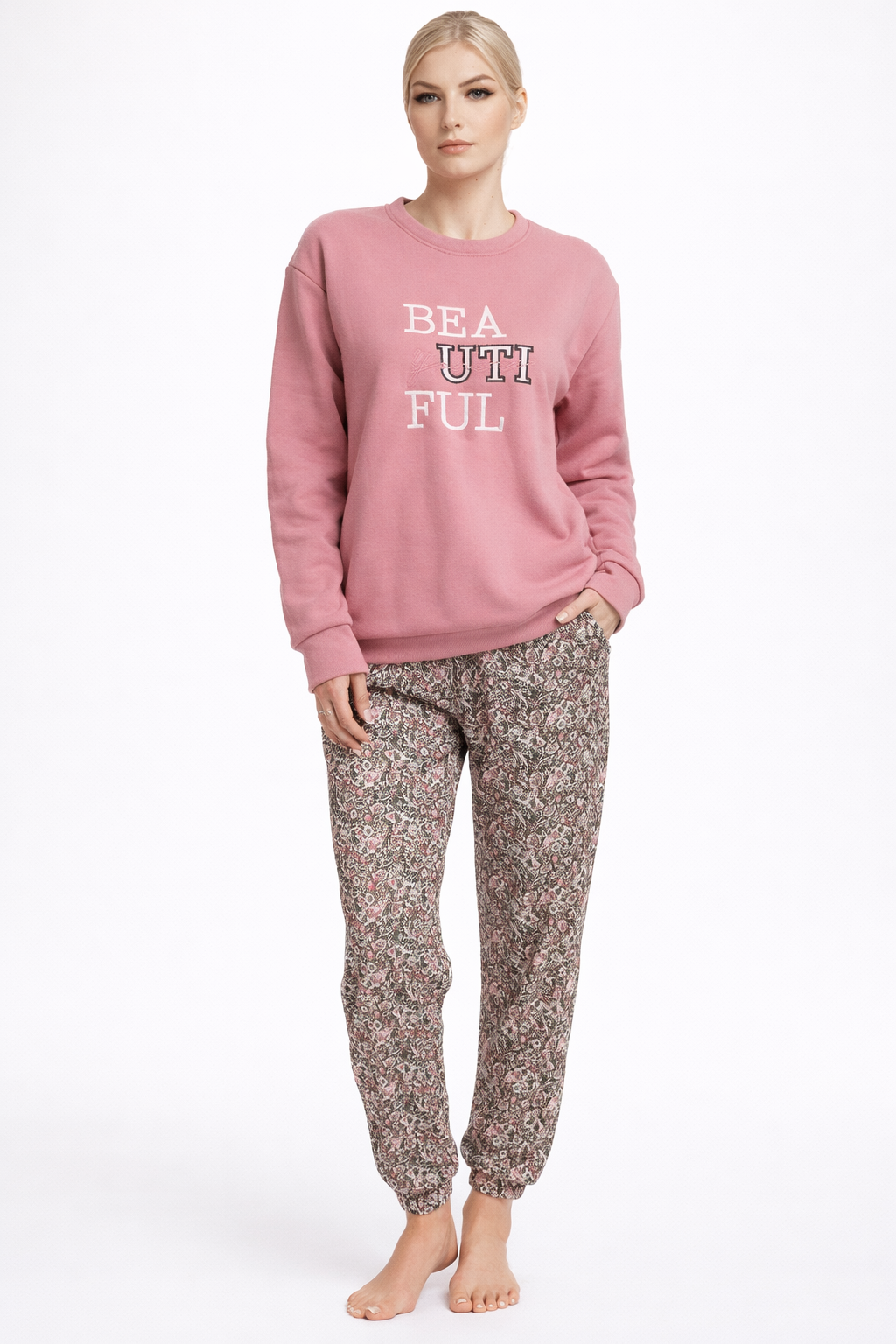 بيجامة حريمي ميلتون شتوي “BEAUTIFUL” – بلوزة وبنطلون مطبوع (تلبيس لحد 80 ك)