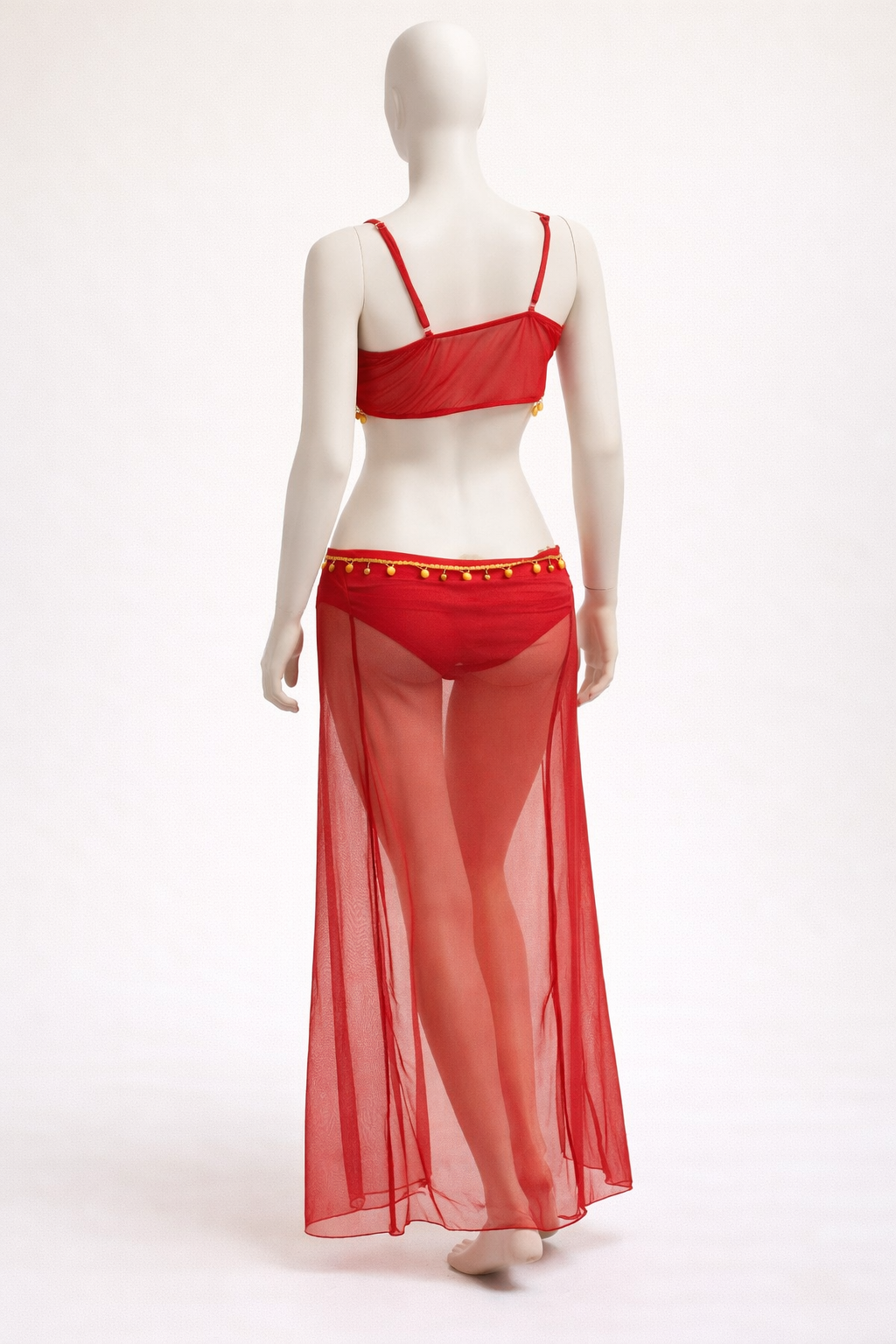 بدلة رقص شرقي 3 قطع – أحمر شيفون (برا + اندر + جيب/تنورة شفافة) | فري سايز لحد 75 ك