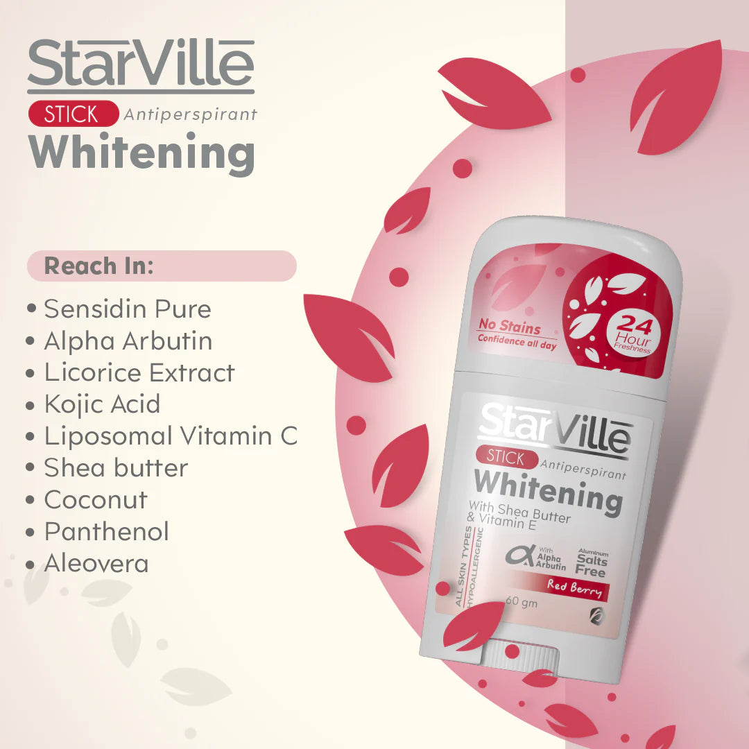ستارفيل مزيل عرق ستك لتفتيح الإبطين برائحة التوت الأحمر | StarVille Whitening Stick Red Berry | حماية وانتعاش 24 ساعة